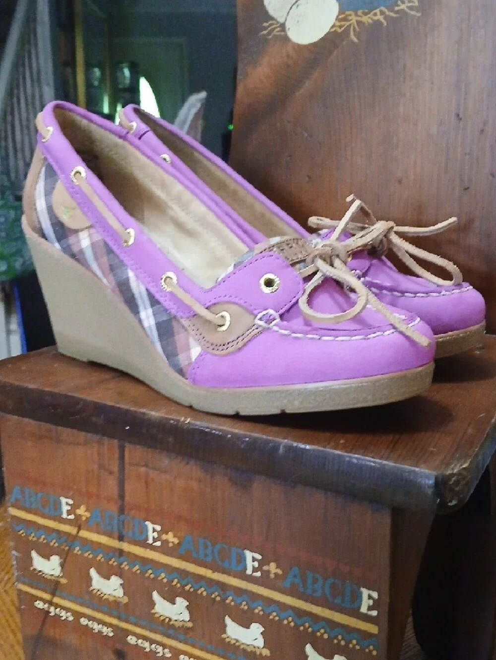 Sperry/topsider,suede Fuscia Plaid Wedge Shoes‎ with Tan Leather-Laces, Sz.8m
